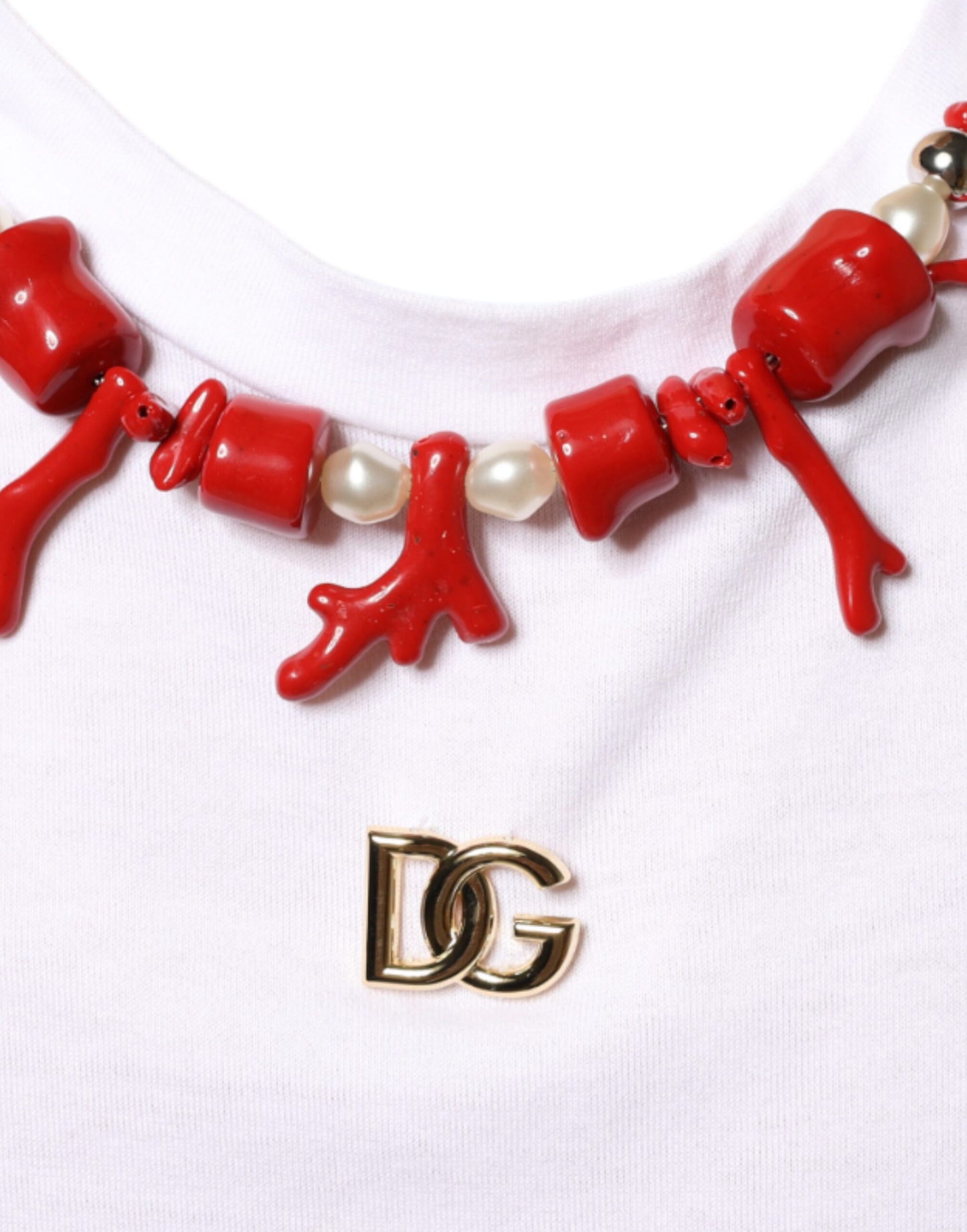 White Cotton Necklace Embellished T-shirt