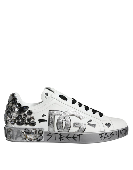 White Silver Crystal Logo Portofino Sneakers Shoes