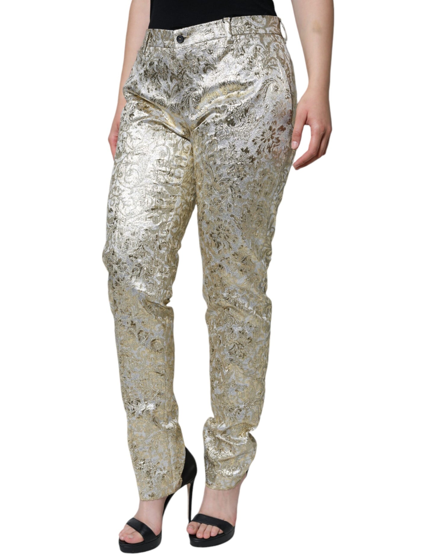 Dolce & Gabbana Gold Cotton Floral Jacquard Tapered Pants