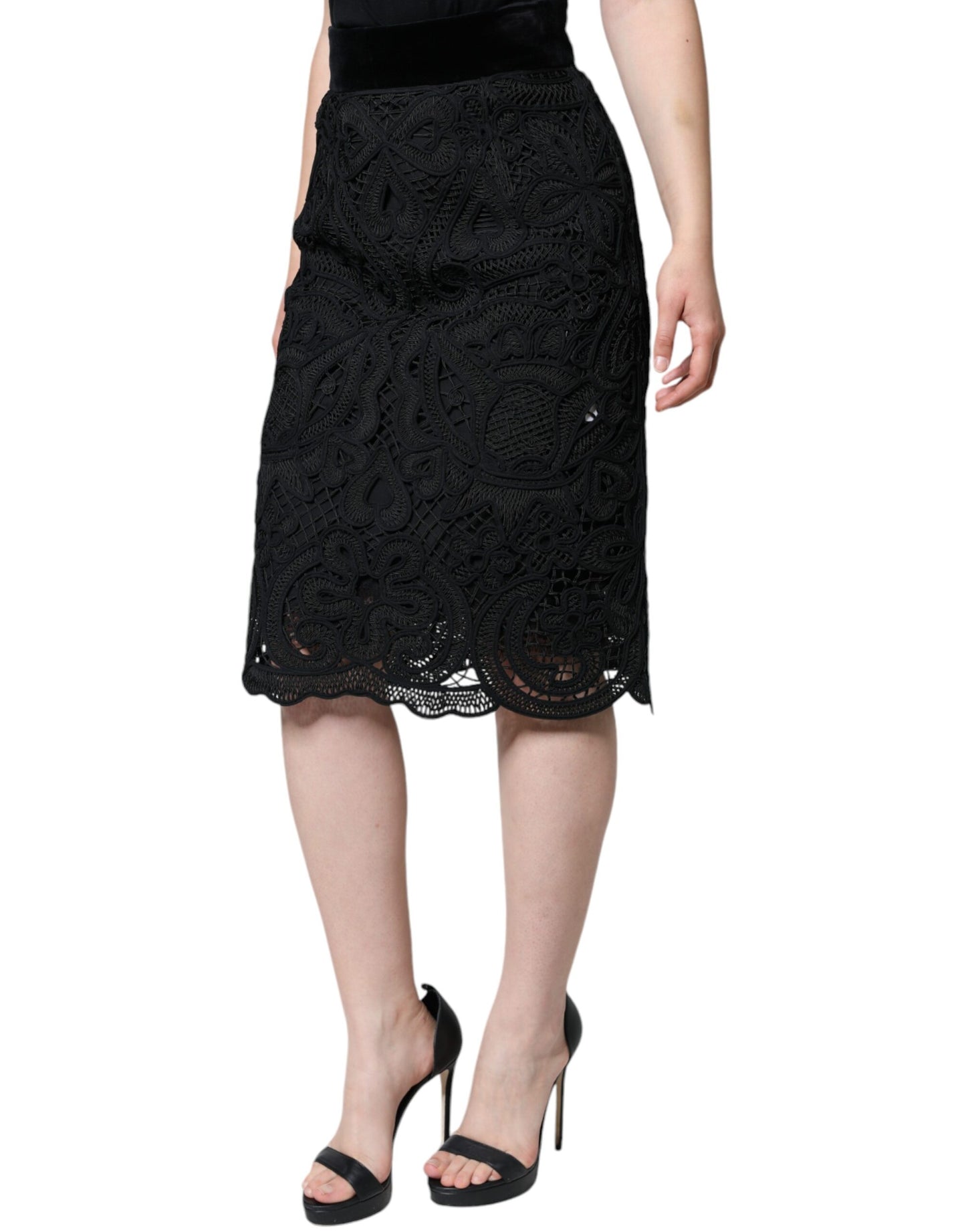 Black Floral Lace High Waist Pencil Cut Skirt