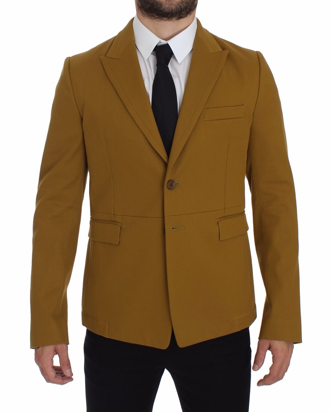 Elegant Yellow Cotton Blend Casual Blazer - GlamHub Luxury and Icon Brand Clothing