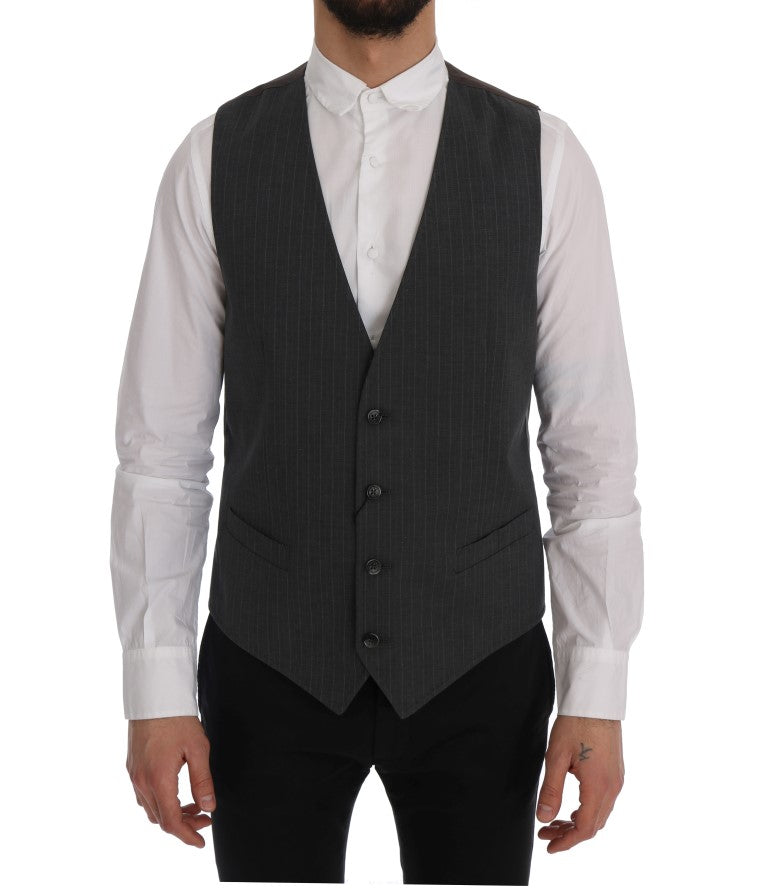 Elegant Striped Gray Waistcoat Vest - GlamHub Luxury and Icon Brand Clothing