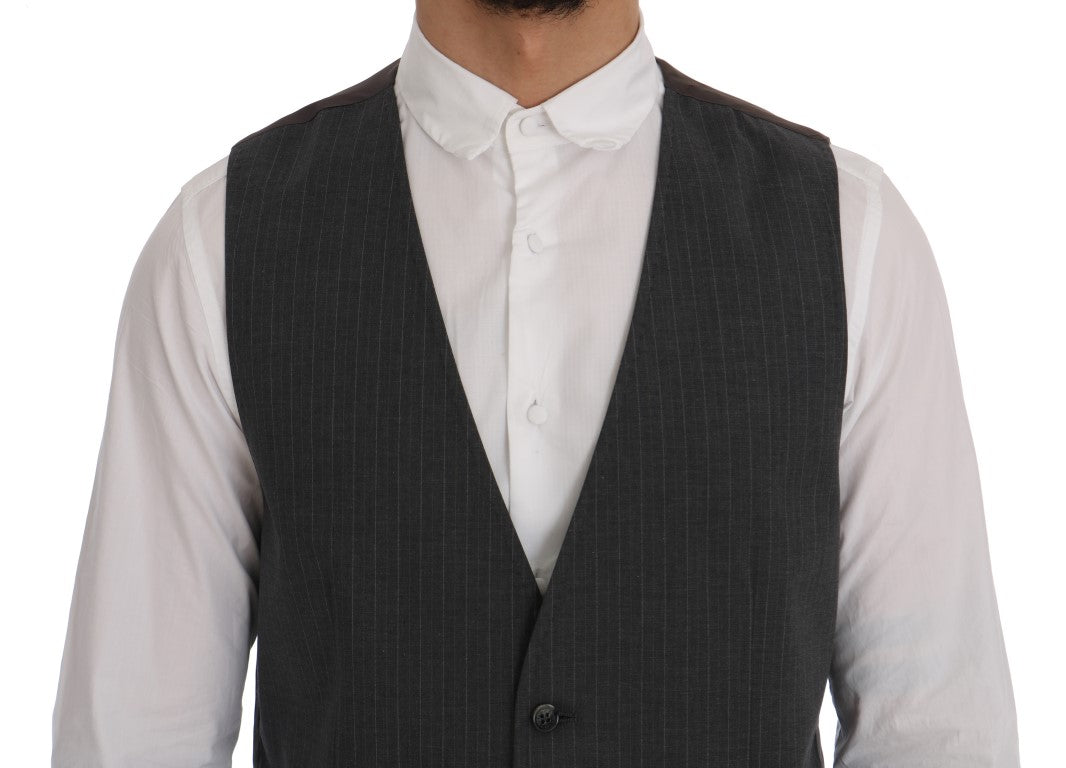 Elegant Striped Gray Waistcoat Vest - GlamHub Luxury and Icon Brand Clothing