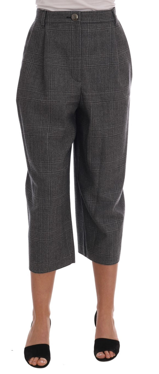 Elegant Gray Check Capri Wool Pants - GlamHub Luxury and Icon Brand Clothing