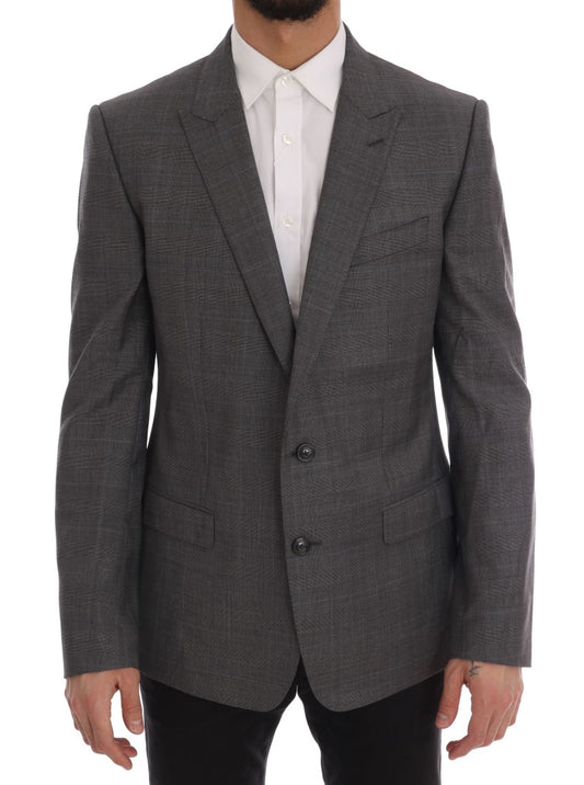 Sleek Gray Checkered Wool Blazer - GlamHub Luxury and Icon Brand Clothing