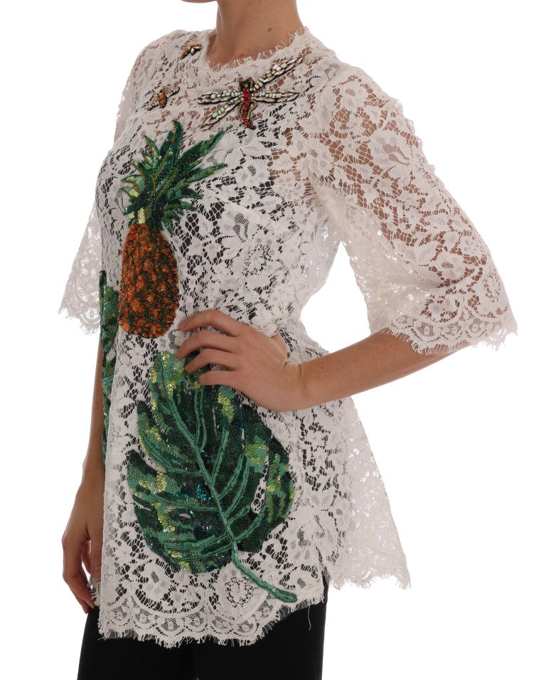 Elegant White Lace Embellished Mini Blouse - GlamHub Luxury and Icon Brand Clothing