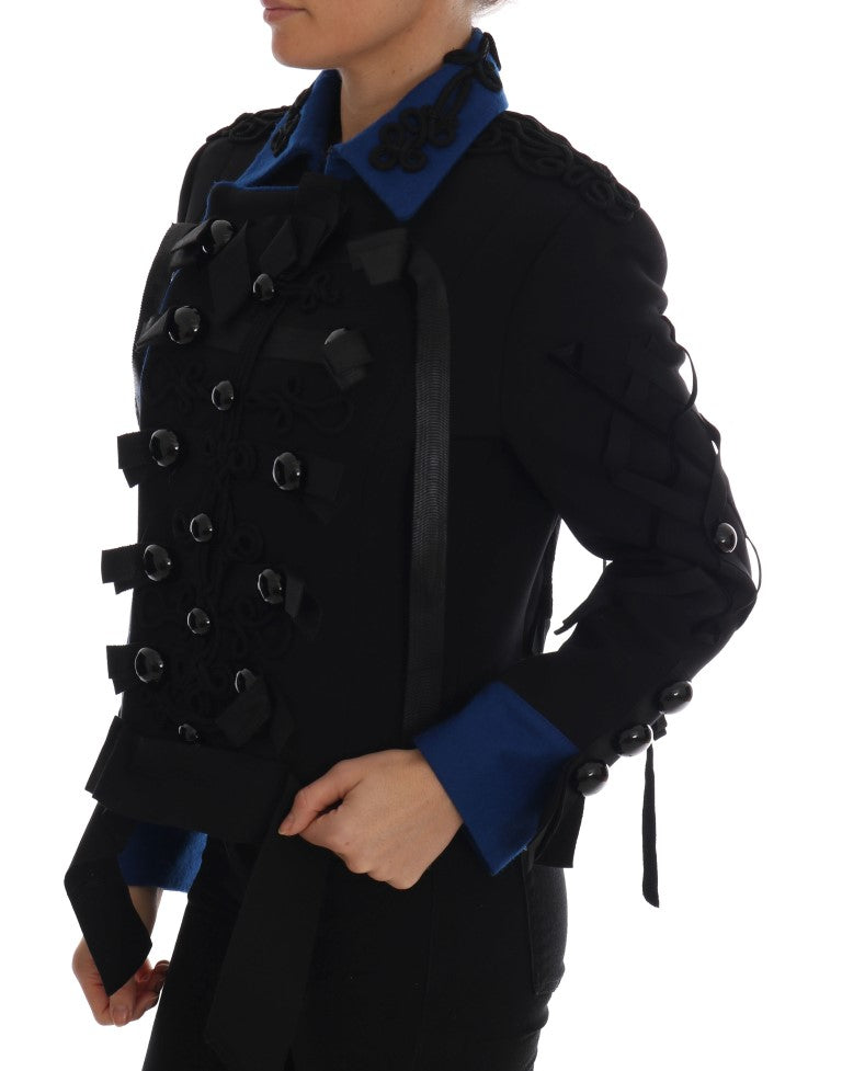 Chic Black & Blue Short Trench Jacket - GlamHub Luxury and Icon Brand Clothing