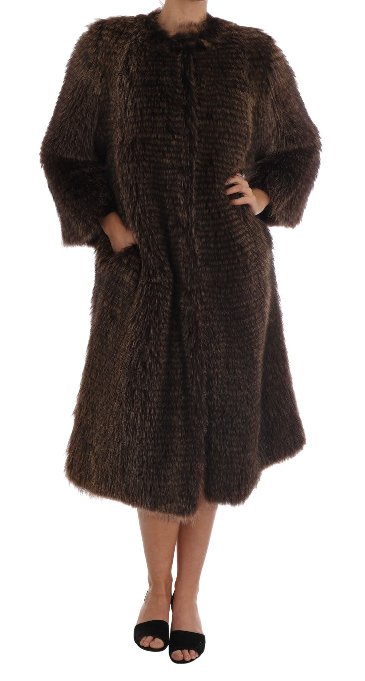 Elegant Brown Raccoon Fur Knee-Length Coat - GlamHub Luxury and Icon Brand Clothing