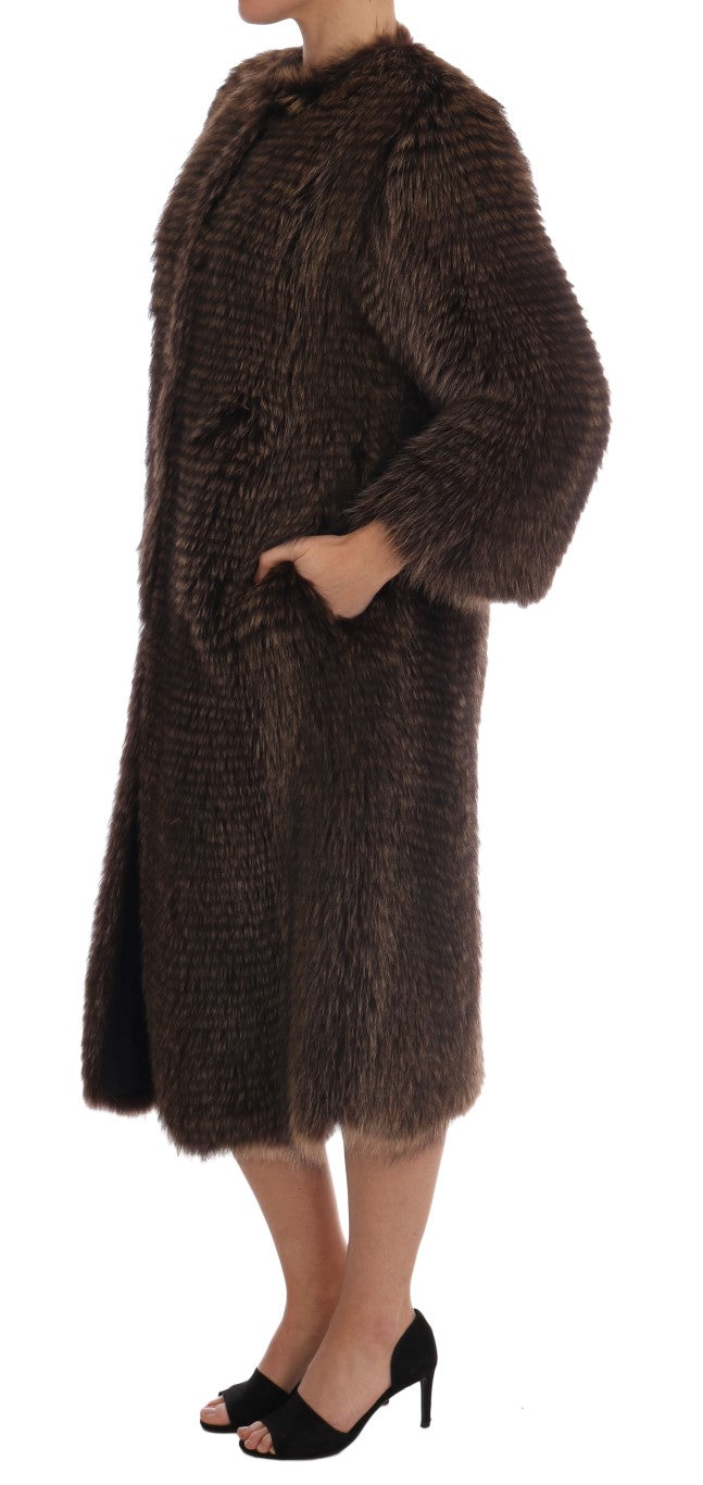 Elegant Brown Raccoon Fur Knee-Length Coat - GlamHub Luxury and Icon Brand Clothing