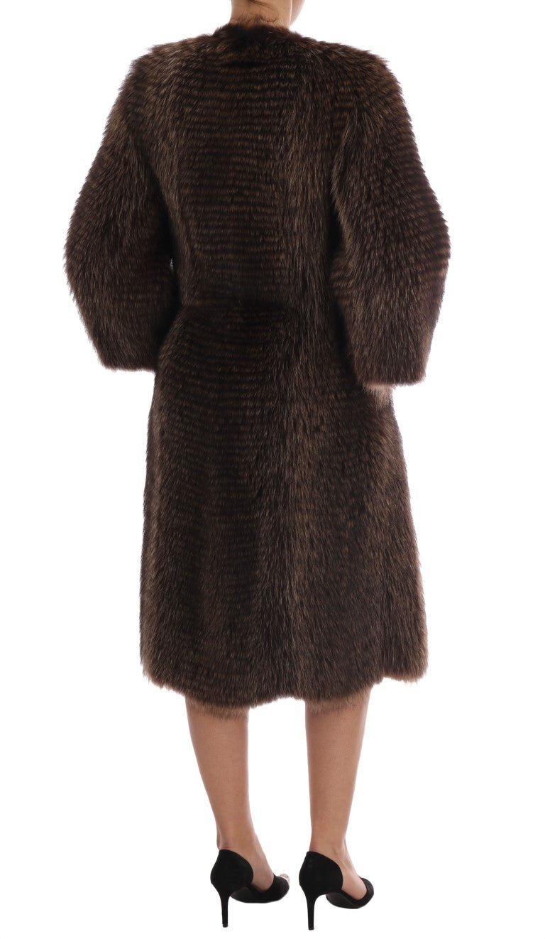 Elegant Brown Raccoon Fur Knee-Length Coat - GlamHub Luxury and Icon Brand Clothing