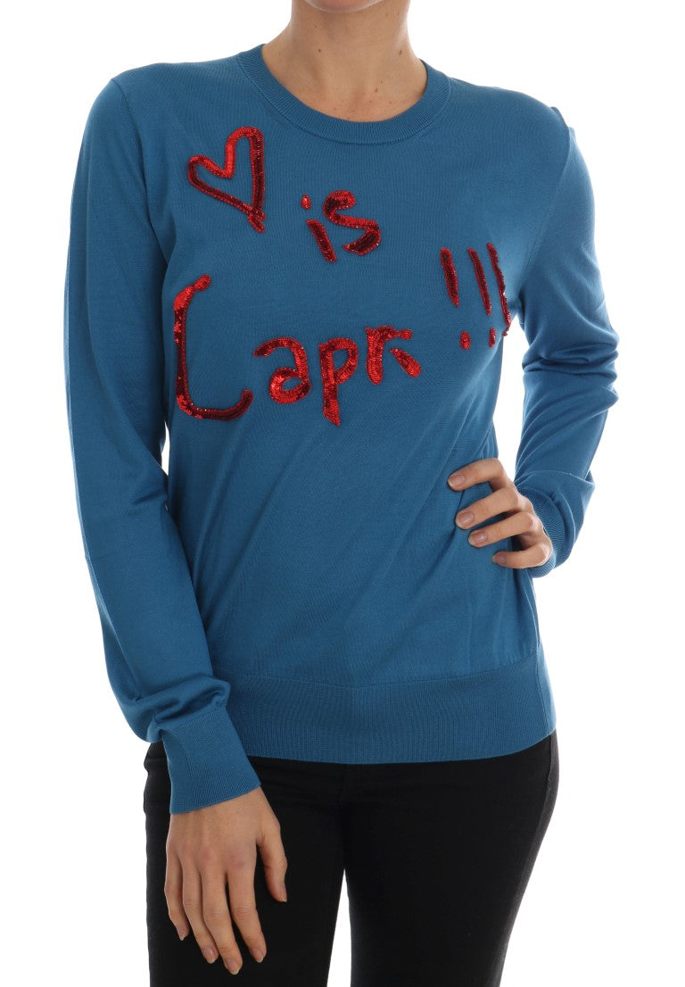 Blue Silk Sequined Capri Pullover Sweater - GlamHub Luxury and Icon Brand Clothing