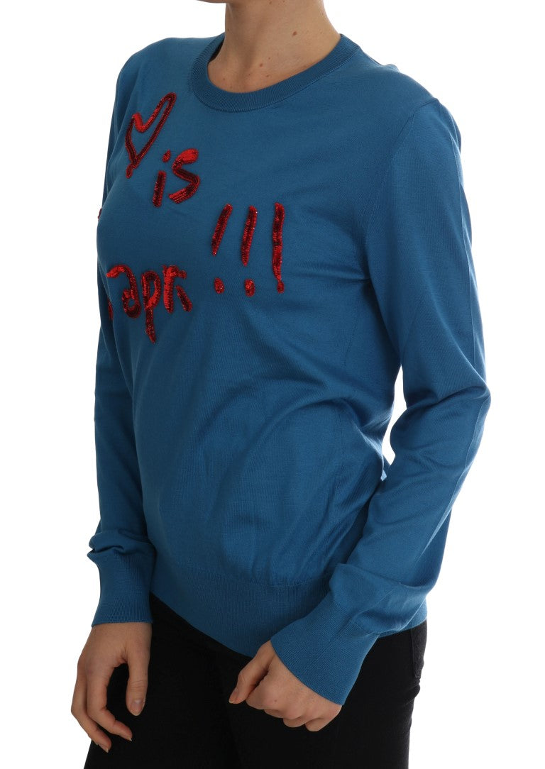 Blue Silk Sequined Capri Pullover Sweater - GlamHub Luxury and Icon Brand Clothing