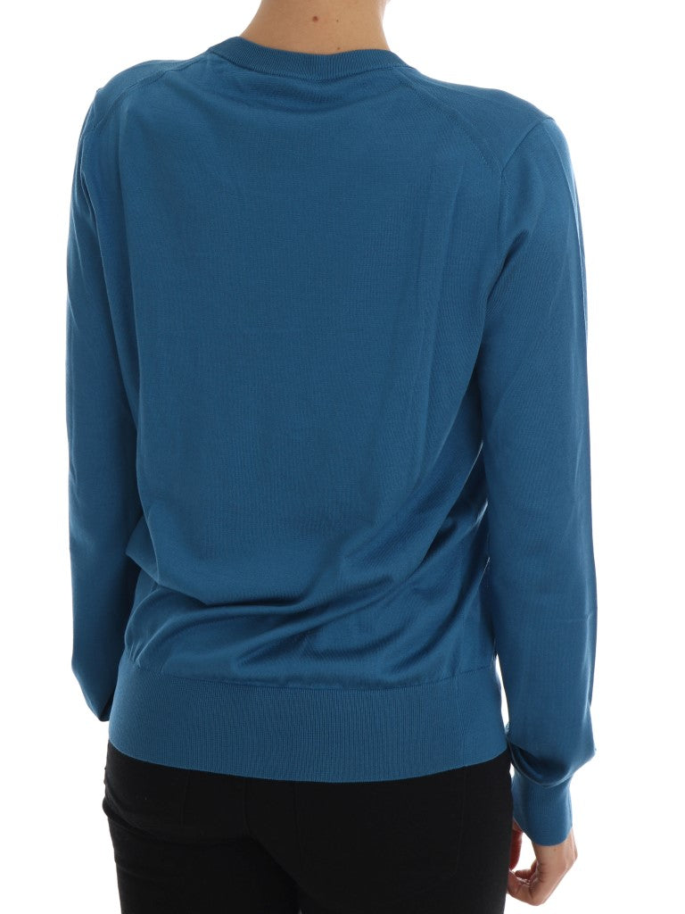 Blue Silk Sequined Capri Pullover Sweater - GlamHub Luxury and Icon Brand Clothing