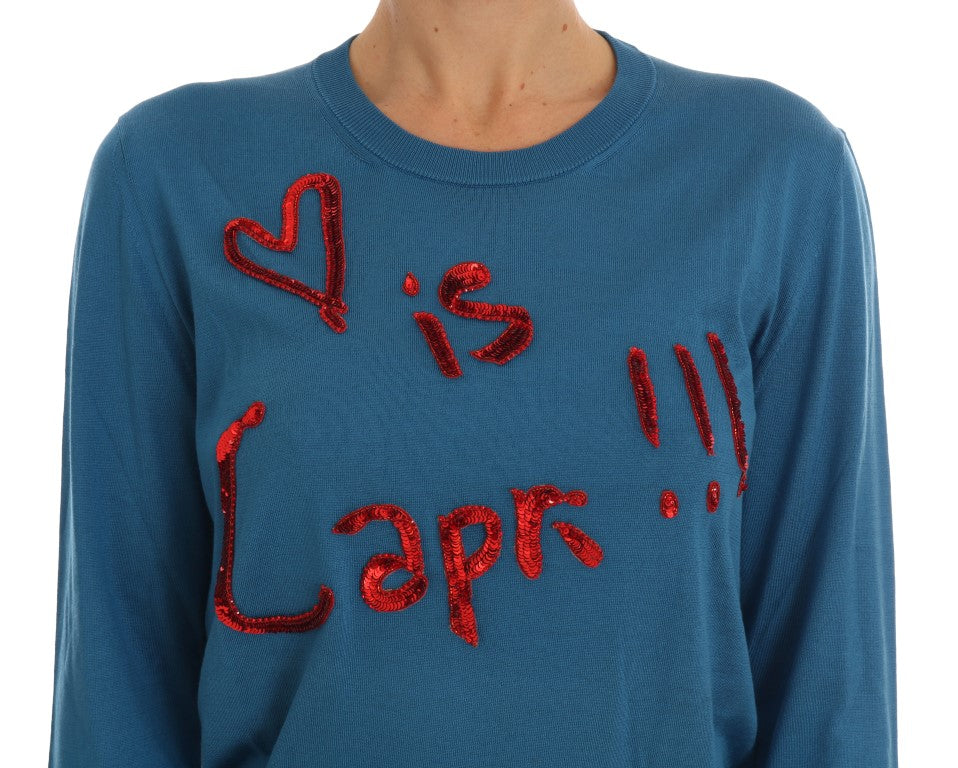 Blue Silk Sequined Capri Pullover Sweater - GlamHub Luxury and Icon Brand Clothing