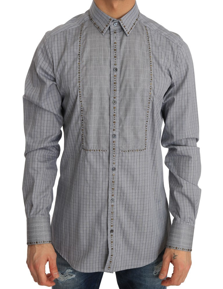 Elegant Gray Checkered Slim Fit Casual Shirt - GlamHub Luxury and Icon Brand Clothing