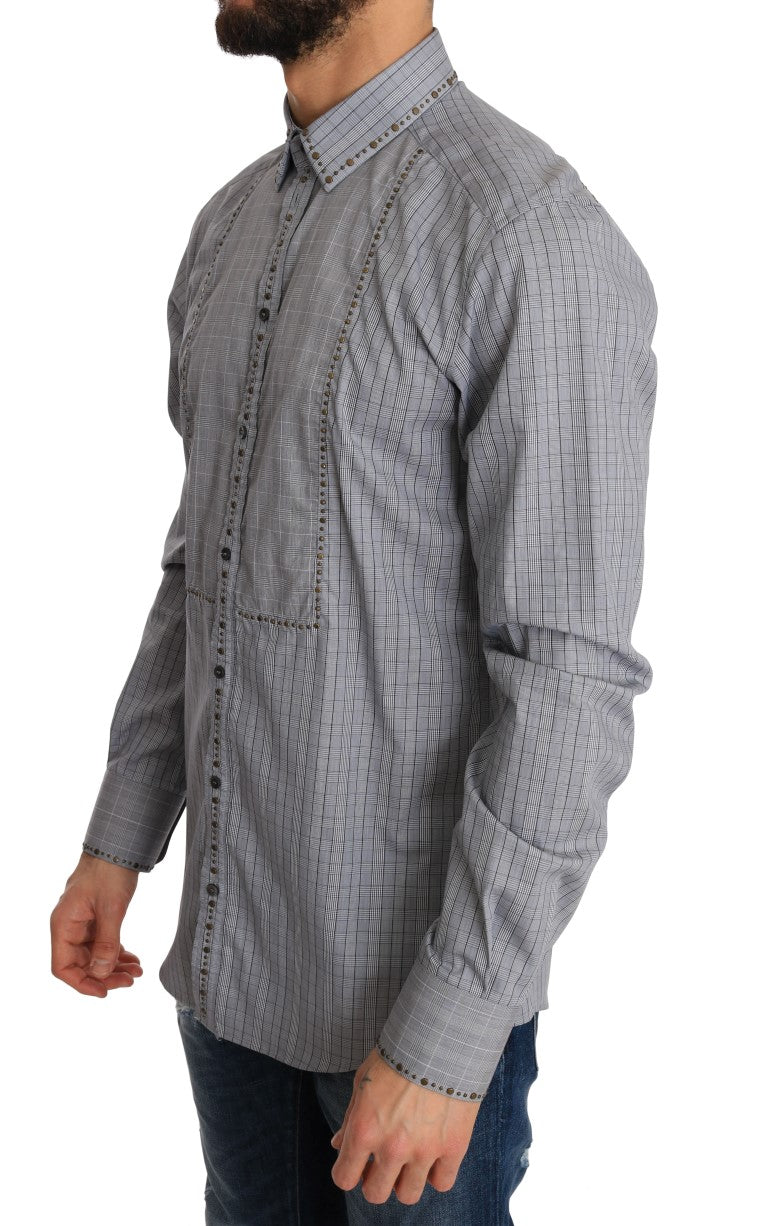 Elegant Gray Checkered Slim Fit Casual Shirt - GlamHub Luxury and Icon Brand Clothing