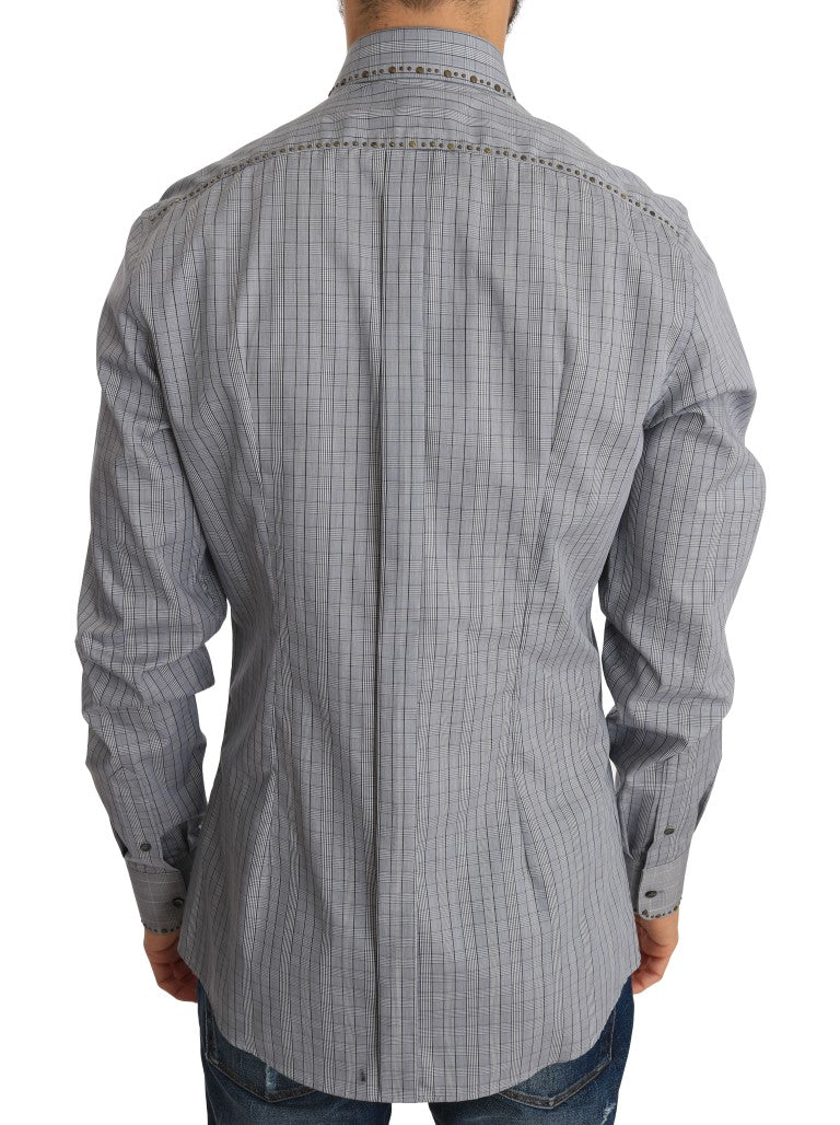 Elegant Gray Checkered Slim Fit Casual Shirt - GlamHub Luxury and Icon Brand Clothing