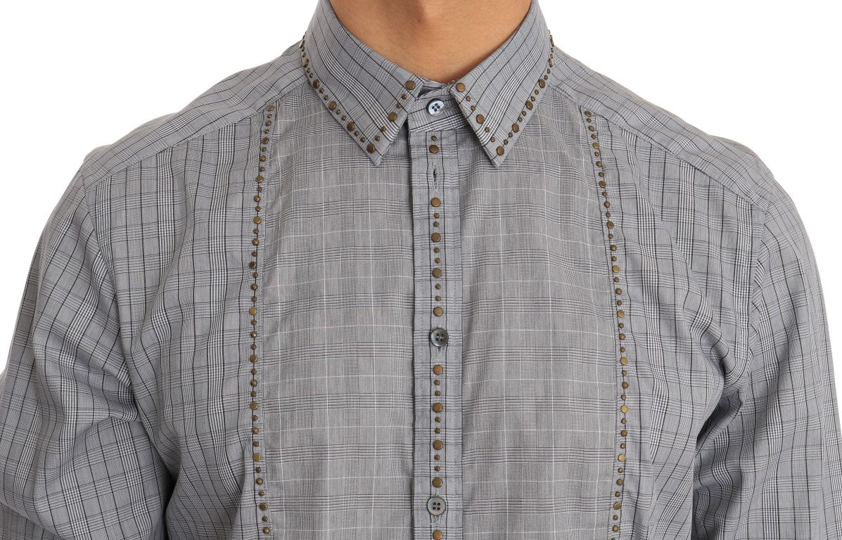 Elegant Gray Checkered Slim Fit Casual Shirt - GlamHub Luxury and Icon Brand Clothing