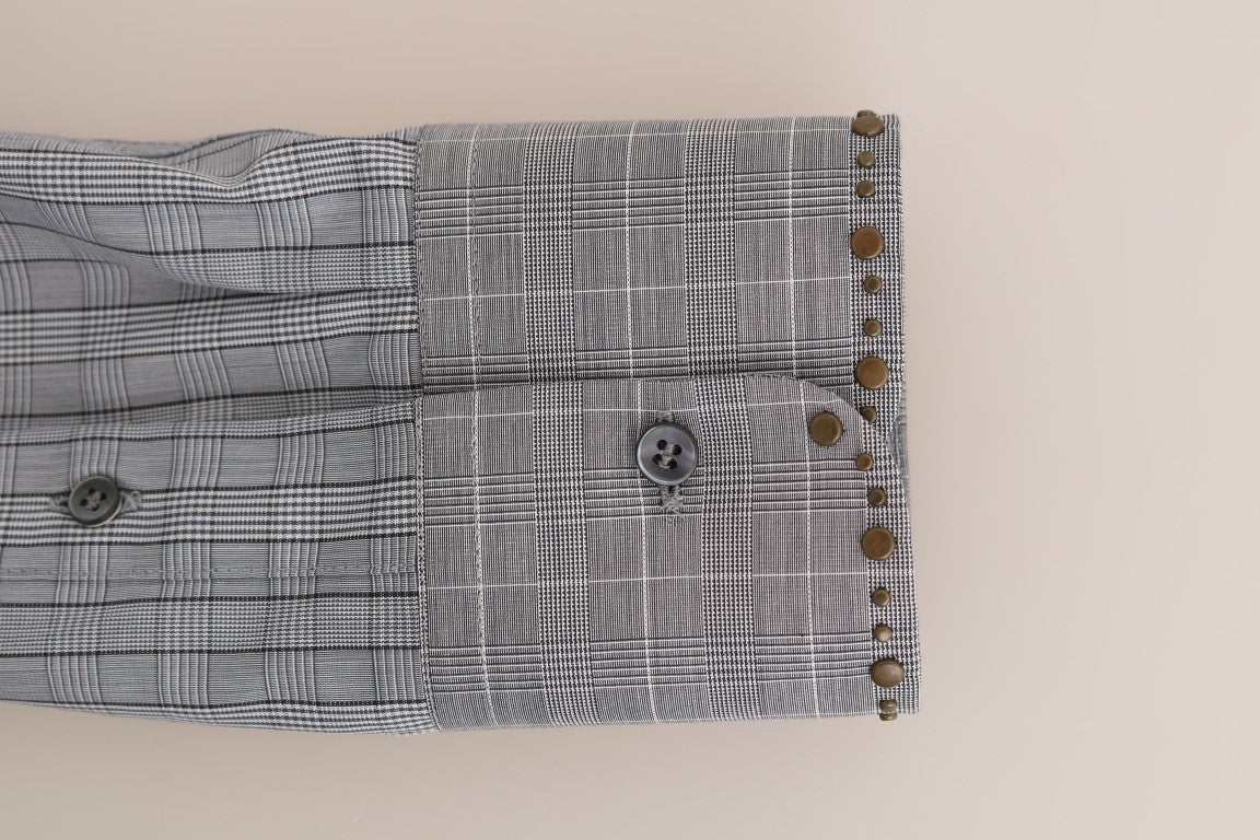 Elegant Gray Checkered Slim Fit Casual Shirt - GlamHub Luxury and Icon Brand Clothing