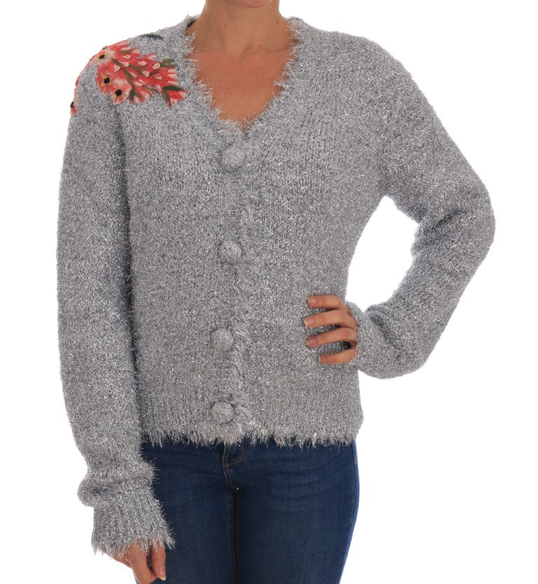 Elegant Silver Floral Applique Cardigan - GlamHub Luxury and Icon Brand Clothing