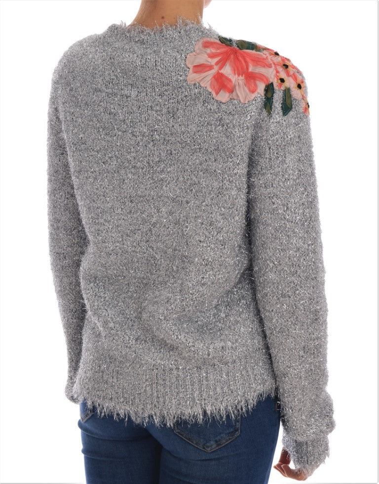 Elegant Silver Floral Applique Cardigan - GlamHub Luxury and Icon Brand Clothing