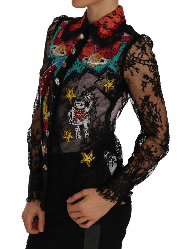 Floral Lace Embroidered Blouse with Crystals - GlamHub Luxury and Icon Brand Clothing