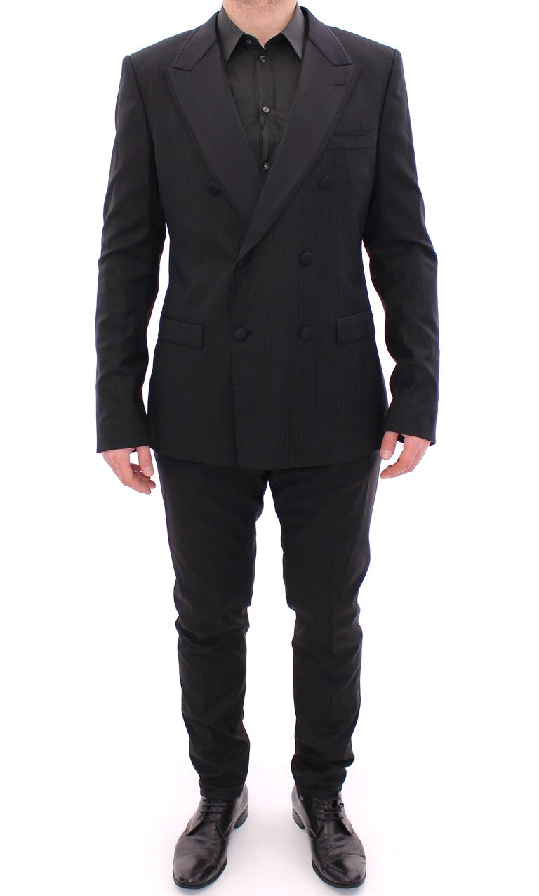 Elegant Black Striped Wool-Silk Blend Suit - GlamHub Luxury and Icon Brand Clothing