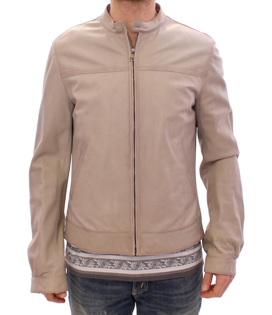 Elegant Beige Leather Lambskin Jacket - GlamHub Luxury and Icon Brand Clothing