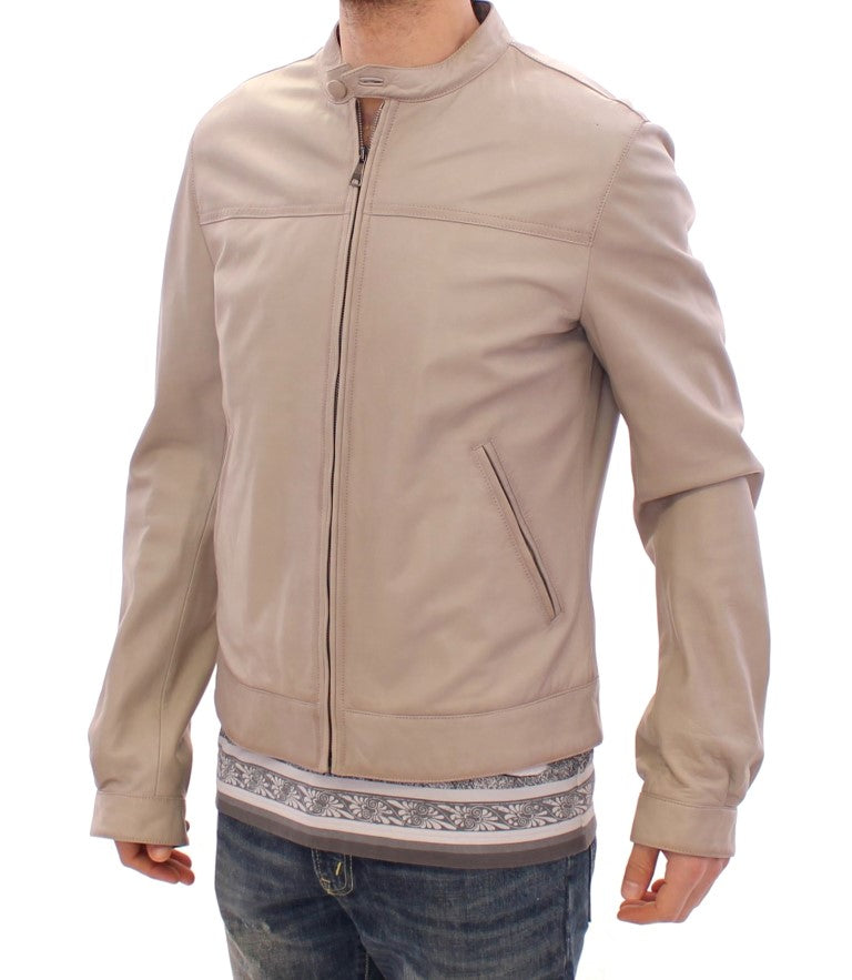 Elegant Beige Leather Lambskin Jacket - GlamHub Luxury and Icon Brand Clothing