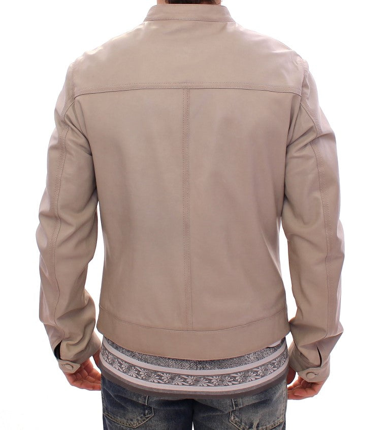 Elegant Beige Leather Lambskin Jacket - GlamHub Luxury and Icon Brand Clothing