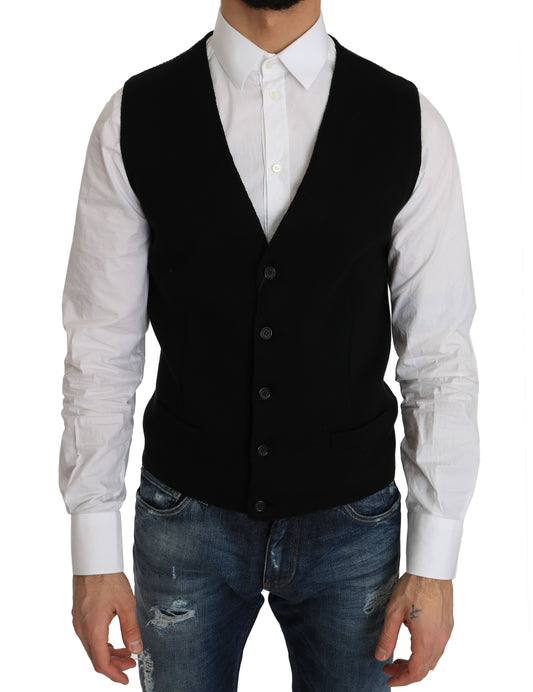 Sleek Black Cotton Formal Vest - GlamHub Luxury and Icon Brand Clothing