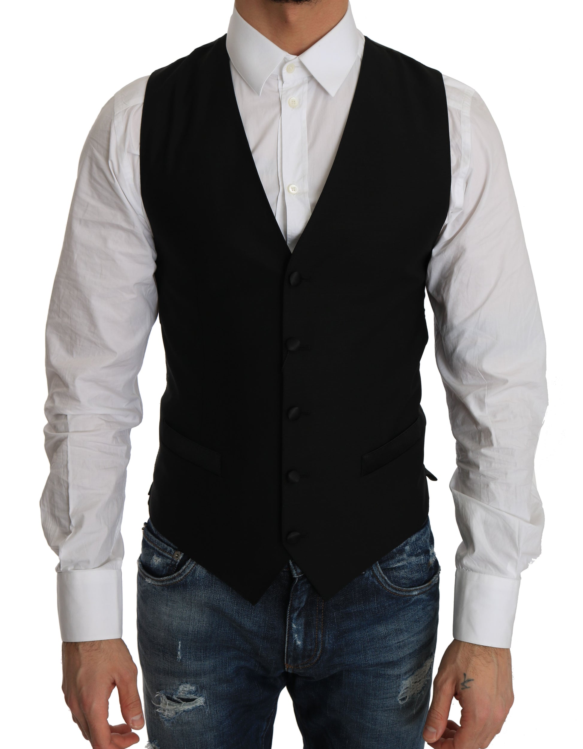 Sleek Black Wool Blend Formal Vest - GlamHub Luxury and Icon Brand Clothing