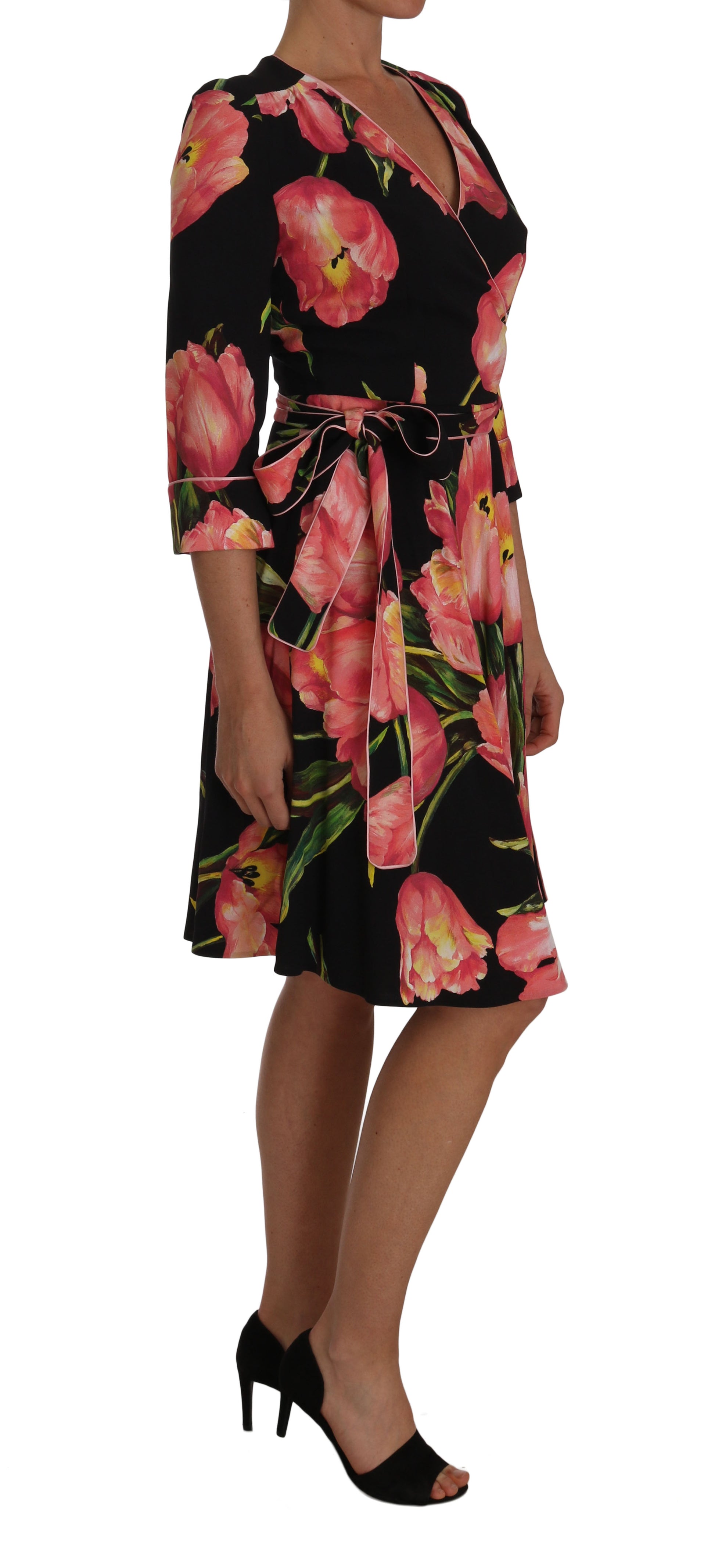 Elegant Black Shift Dress with Pink Tulips Print - GlamHub Luxury and Icon Brand Clothing