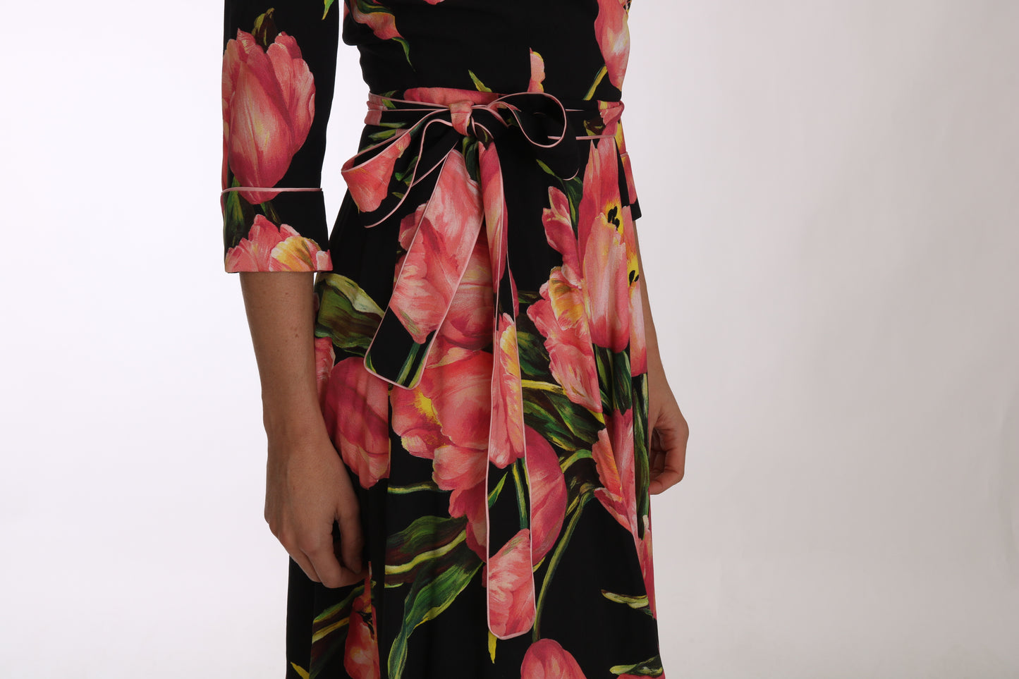 Elegant Black Shift Dress with Pink Tulips Print - GlamHub Luxury and Icon Brand Clothing