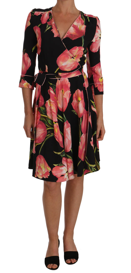 Elegant Black Shift Dress with Pink Tulips Print - GlamHub Luxury and Icon Brand Clothing