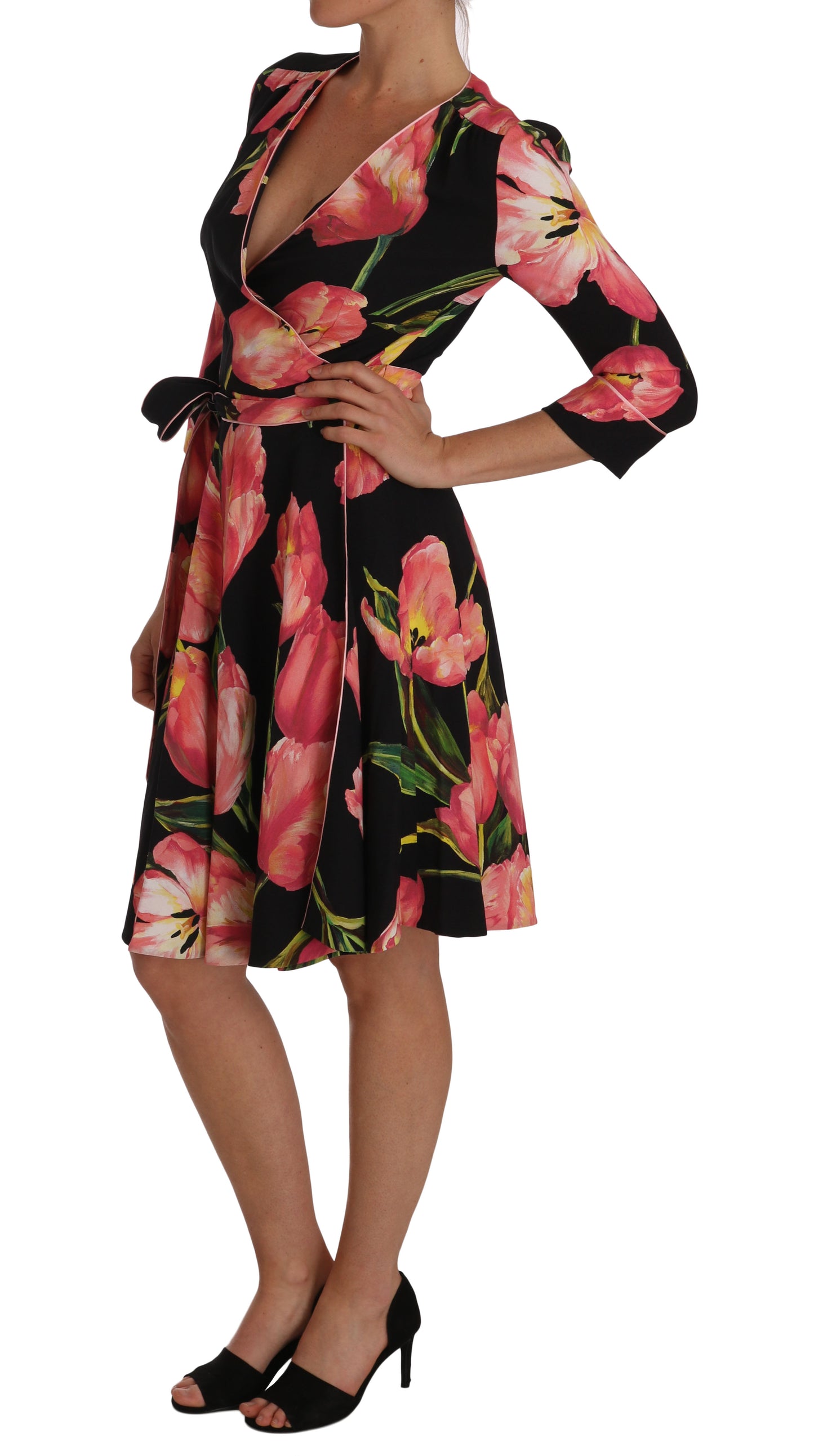 Elegant Black Shift Dress with Pink Tulips Print - GlamHub Luxury and Icon Brand Clothing