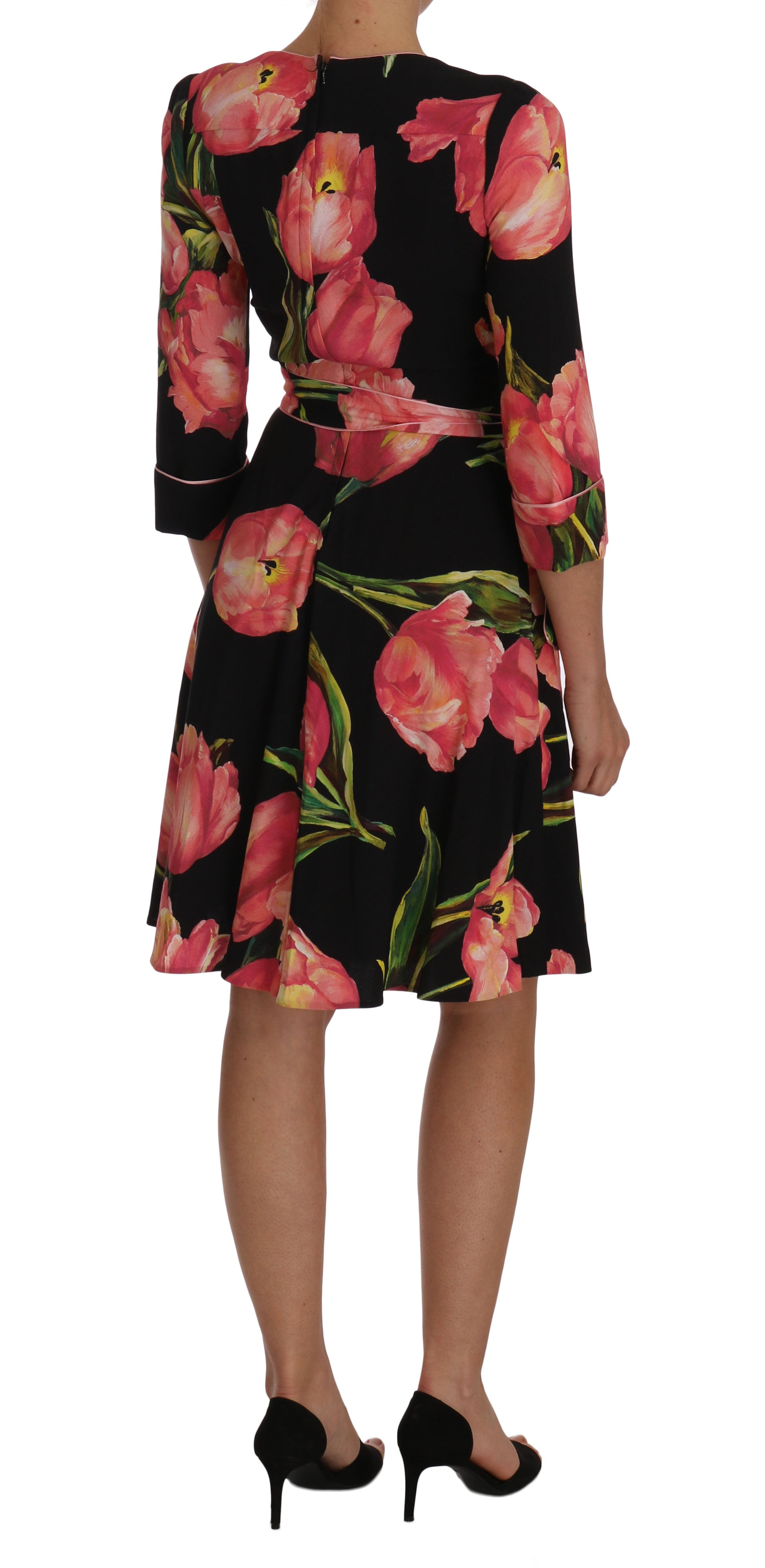 Elegant Black Shift Dress with Pink Tulips Print - GlamHub Luxury and Icon Brand Clothing