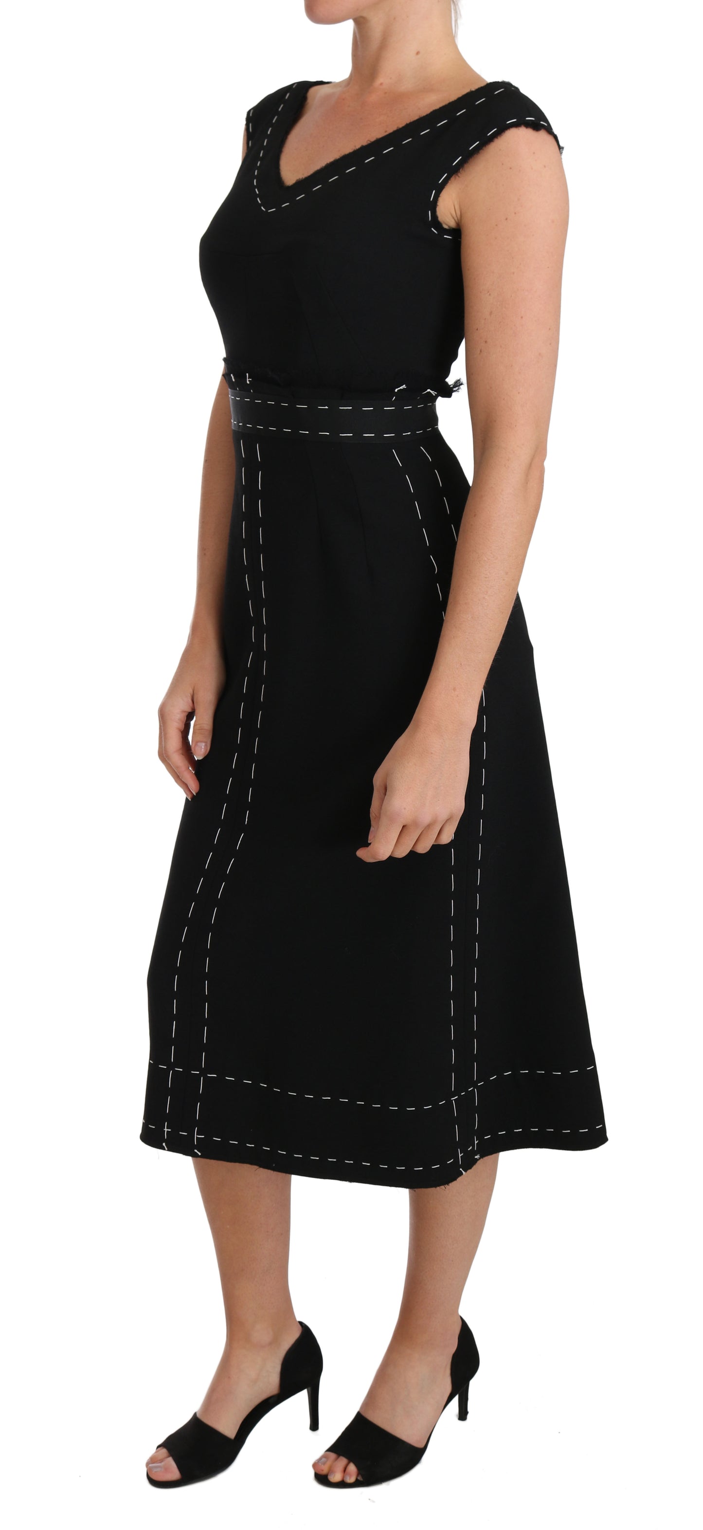 Elegant Black Sheath Wool Dress - GlamHub Luxury and Icon Brand Clothing