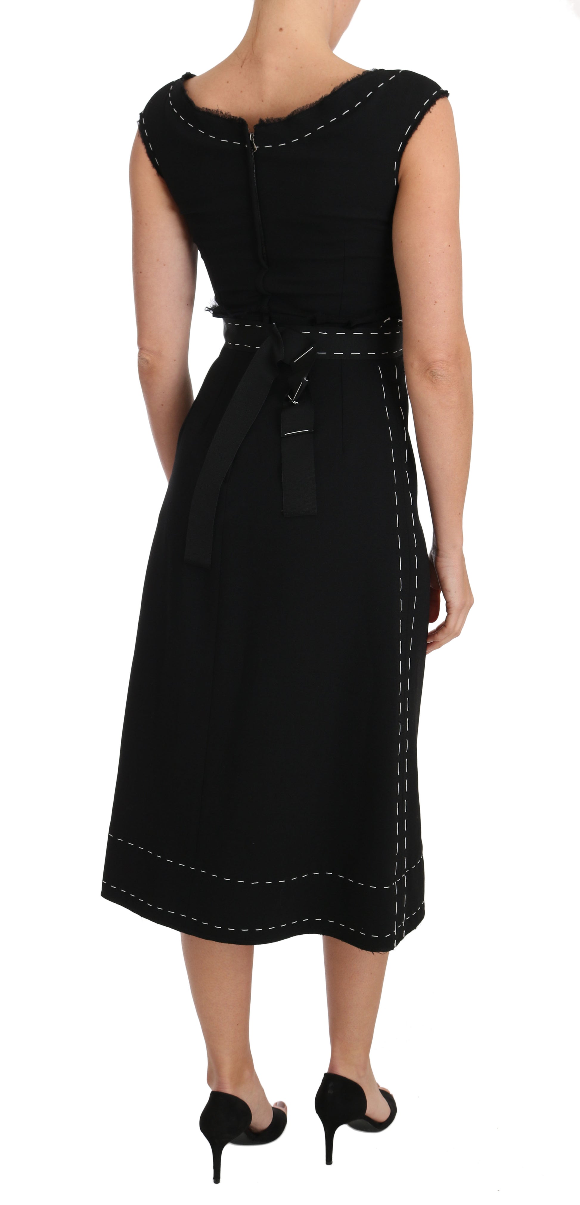 Elegant Black Sheath Wool Dress - GlamHub Luxury and Icon Brand Clothing