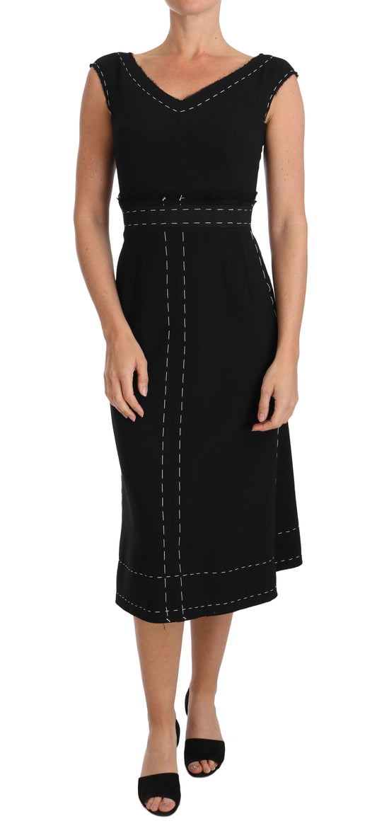 Elegant Black Sheath Wool Dress - GlamHub Luxury and Icon Brand Clothing