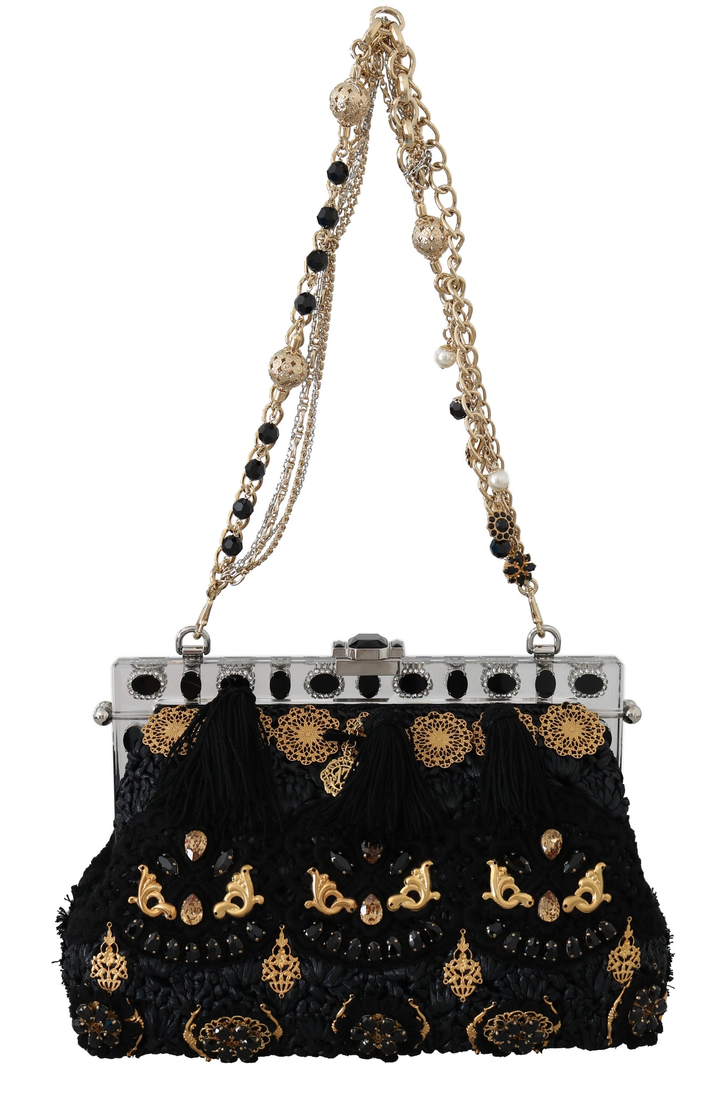 Black Tassel Gold Baroque Crystal Evening Clutch - GlamHub Luxury and Icon Brand Clothing