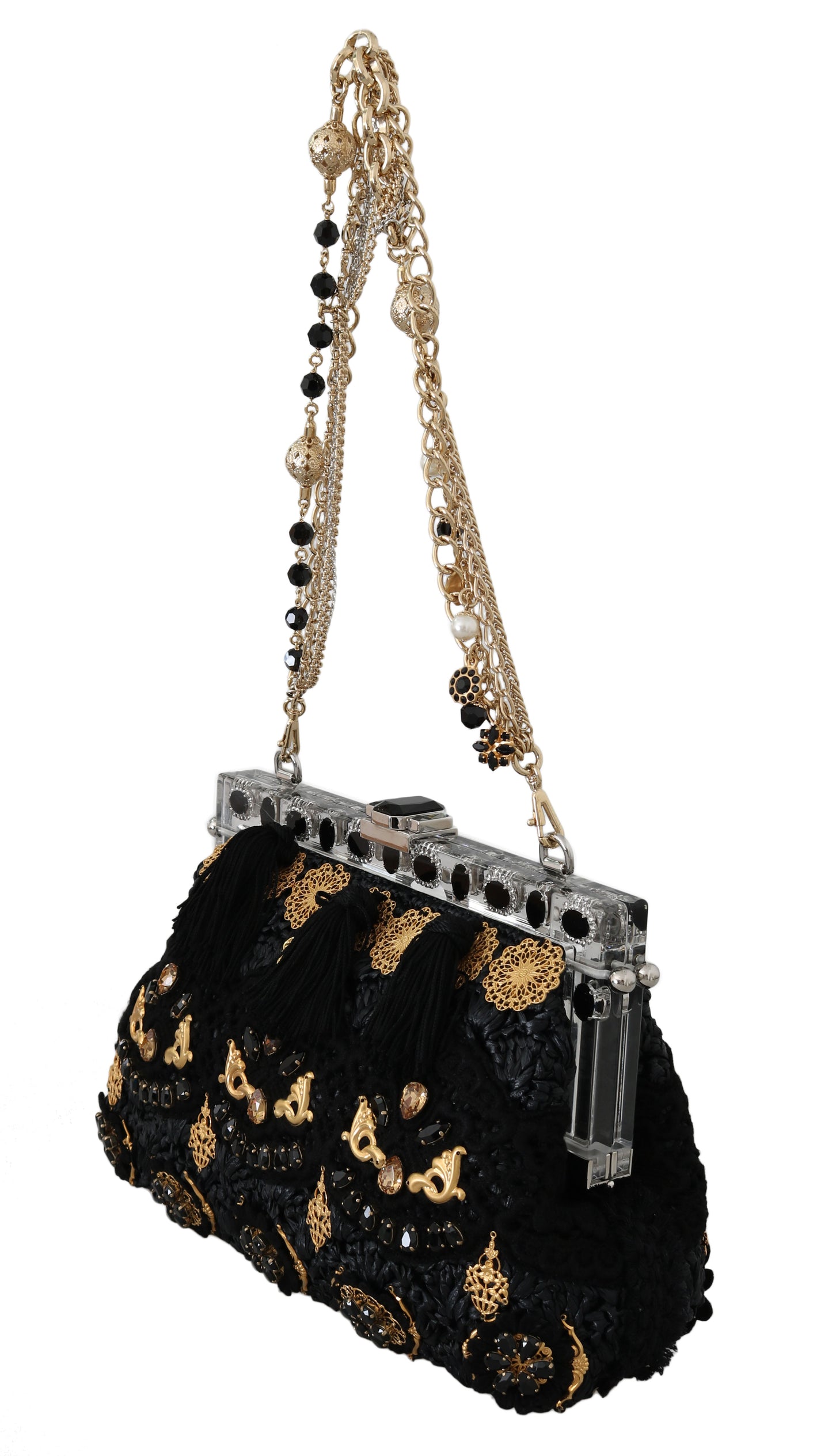 Black Tassel Gold Baroque Crystal Evening Clutch - GlamHub Luxury and Icon Brand Clothing