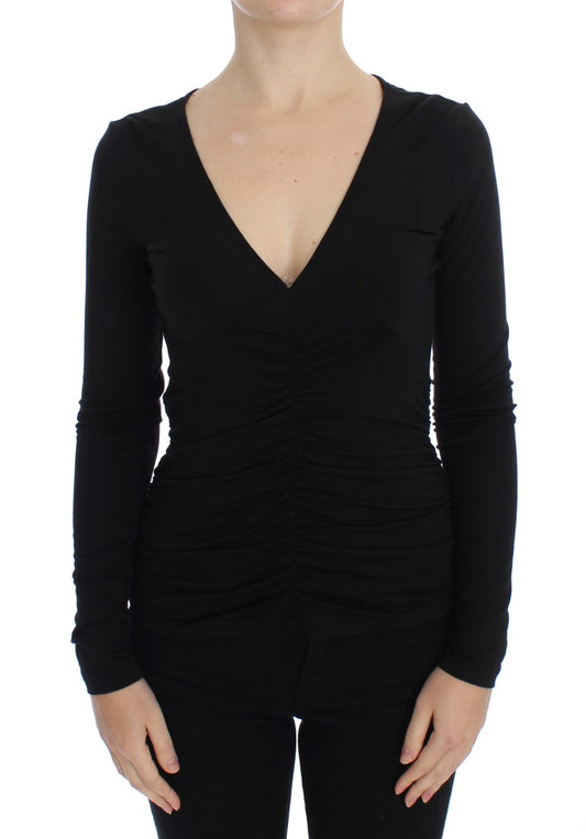 Elegant V-Neck Black Viscose Blend Sweater - GLAMHUB BOUTIQUE 