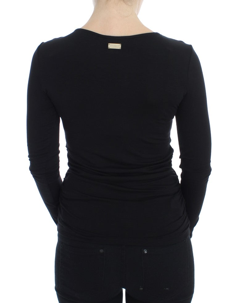 Elegant V-Neck Black Viscose Blend Sweater - GLAMHUB BOUTIQUE 