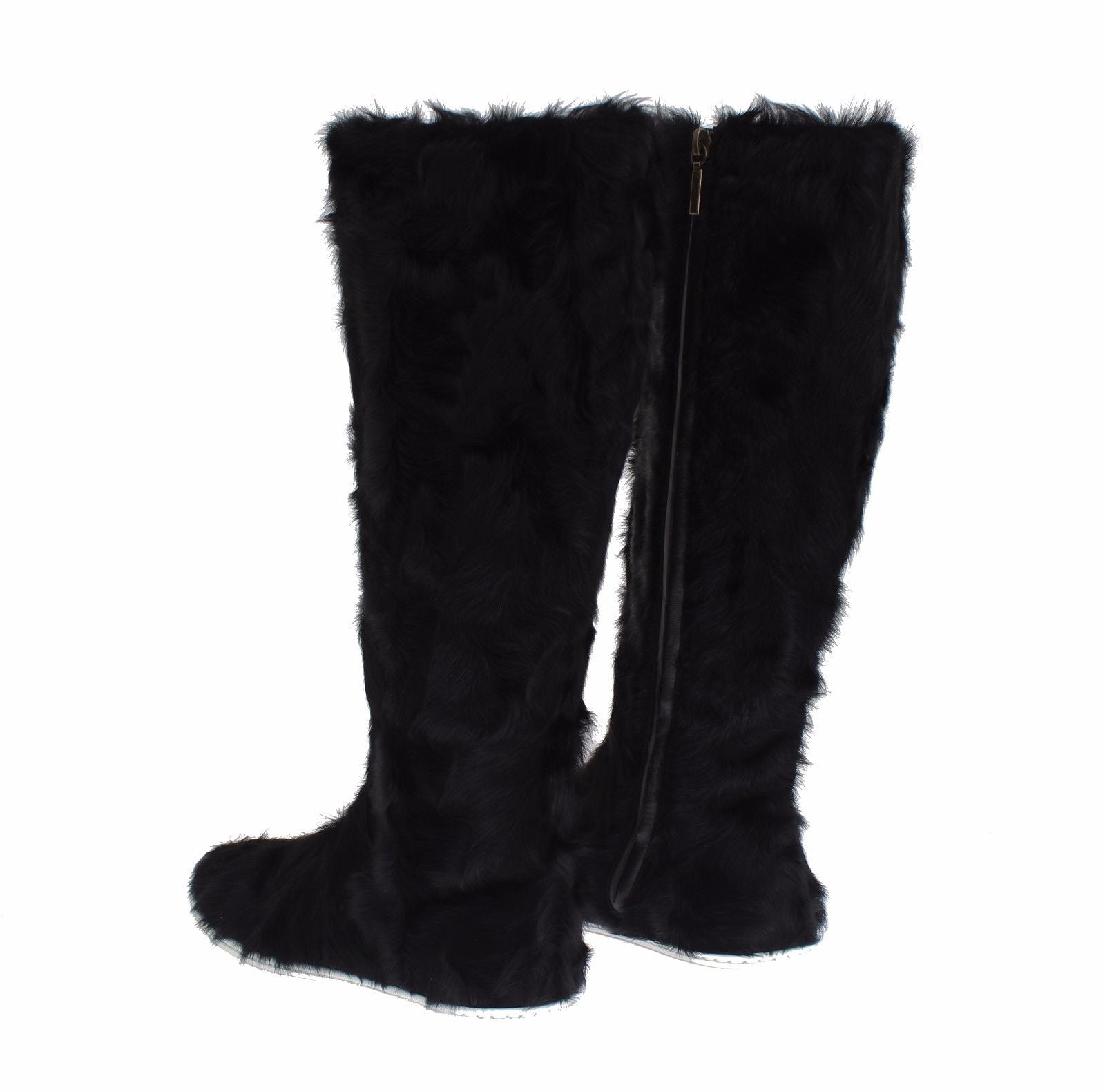 Elegant Black Fur Leather Flat Sneaker Boots - GlamHub Luxury and Icon Brand Clothing