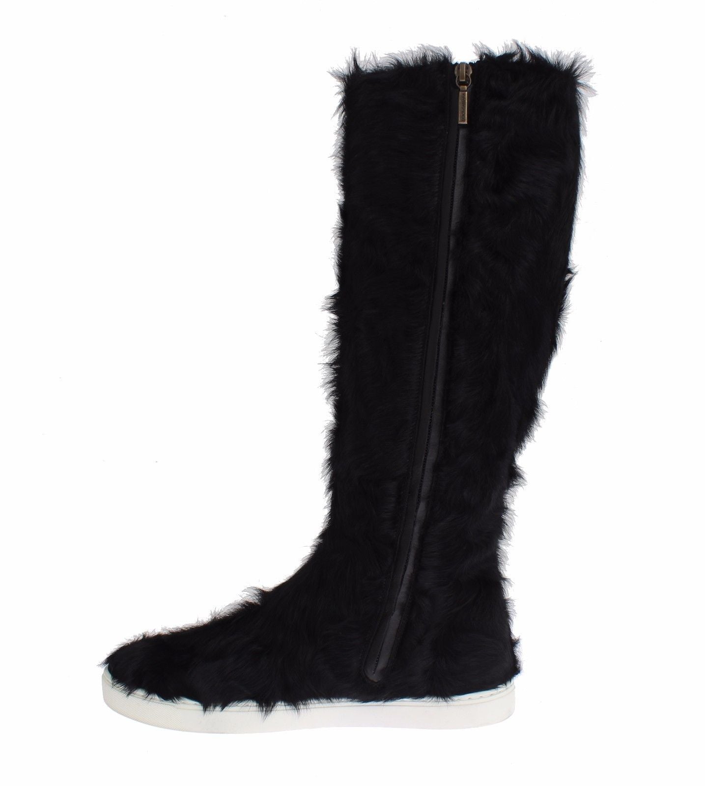 Elegant Black Fur Leather Flat Sneaker Boots - GlamHub Luxury and Icon Brand Clothing