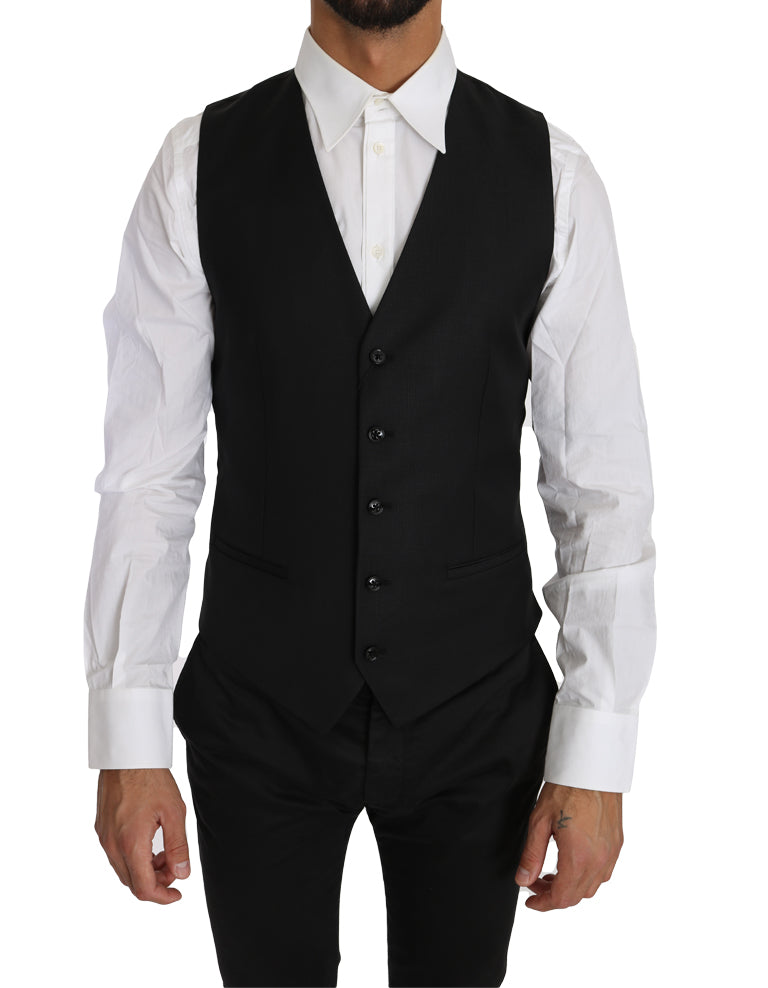 Sleek Black Wool-Silk Formal Vest - GlamHub Luxury and Icon Brand Clothing