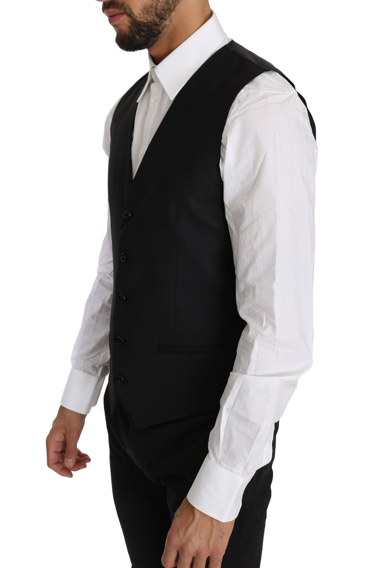 Sleek Black Wool-Silk Formal Vest - GlamHub Luxury and Icon Brand Clothing