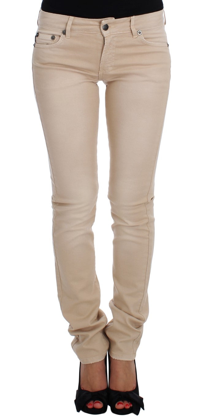 Beige Cotton Stretch Slim Fit Jeans - GLAMHUB BOUTIQUE 