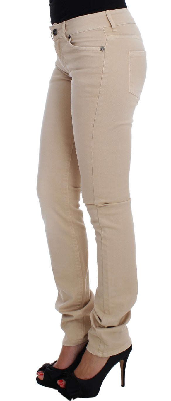 Beige Cotton Stretch Slim Fit Jeans - GLAMHUB BOUTIQUE 